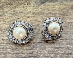 Vintage MONET Clip Earring Faux pearl PAVE crystal accent Silver tone .75 in