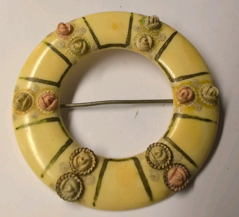 Vintage 1930s Celluloid Floral Circle Brooch Hand Painted Roses C-Clasp