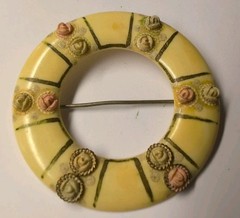 Vintage 1930s Celluloid Floral Circle Brooch Hand Painted Roses C-Clasp