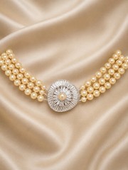 Vtg Signed JOMAZ Triple Strand Faux Pearl Rhinestone Baguette Clasp Choker