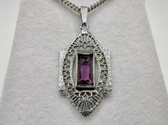 Antique Lavalier Pendant Purple Glass White Gold Plated Filigree Damaged READ
