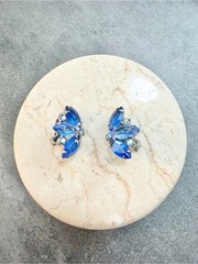 Vintage Blue Marquise Cluster Clip-On Earrings Silver Aura Borealis Climbers MCM