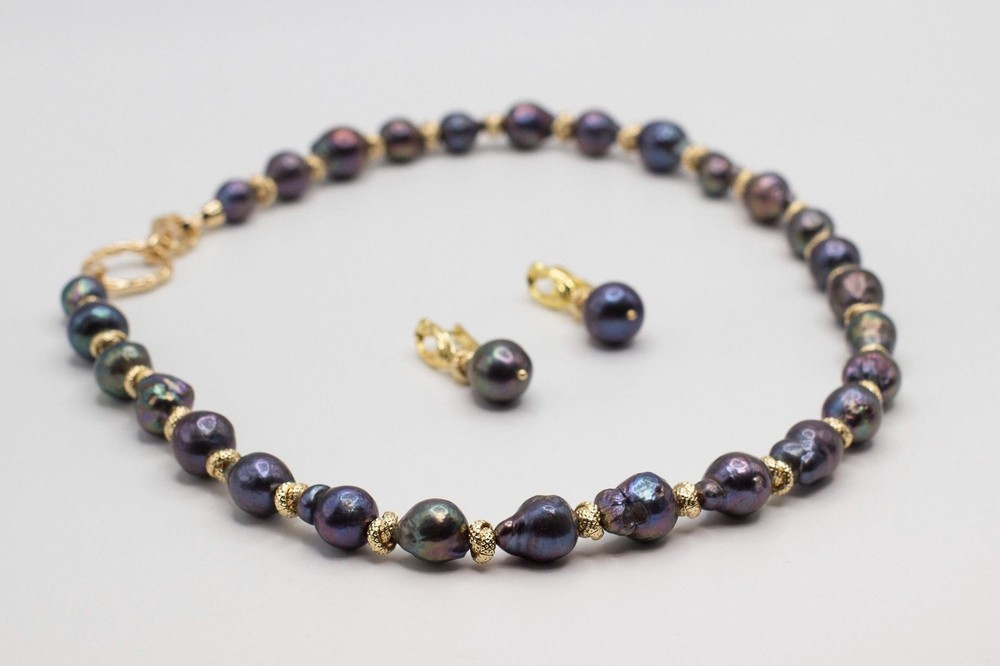 21 inch Big Peacock Baroque Pearl Necklace and Earring Set, Accent Clasp