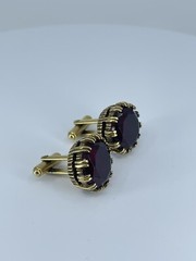 Red Glass cufflinks Faceted round prong set open gold tone 1-1/8″