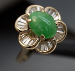 Apple Jade Diamond Baguette Daisy Halo 18k Gold Ballerina Ring