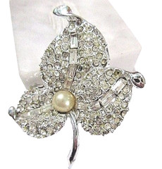 Rhinestone Leaf and Faux Pearl Brooch Sparkly Baguette and Round Shape Stones