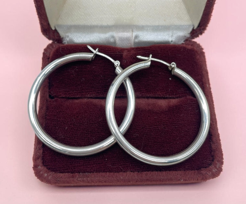 VTG Italy 925 Sterling Silver 4mm Hoop earrings 1.50″ lever back 6.7g