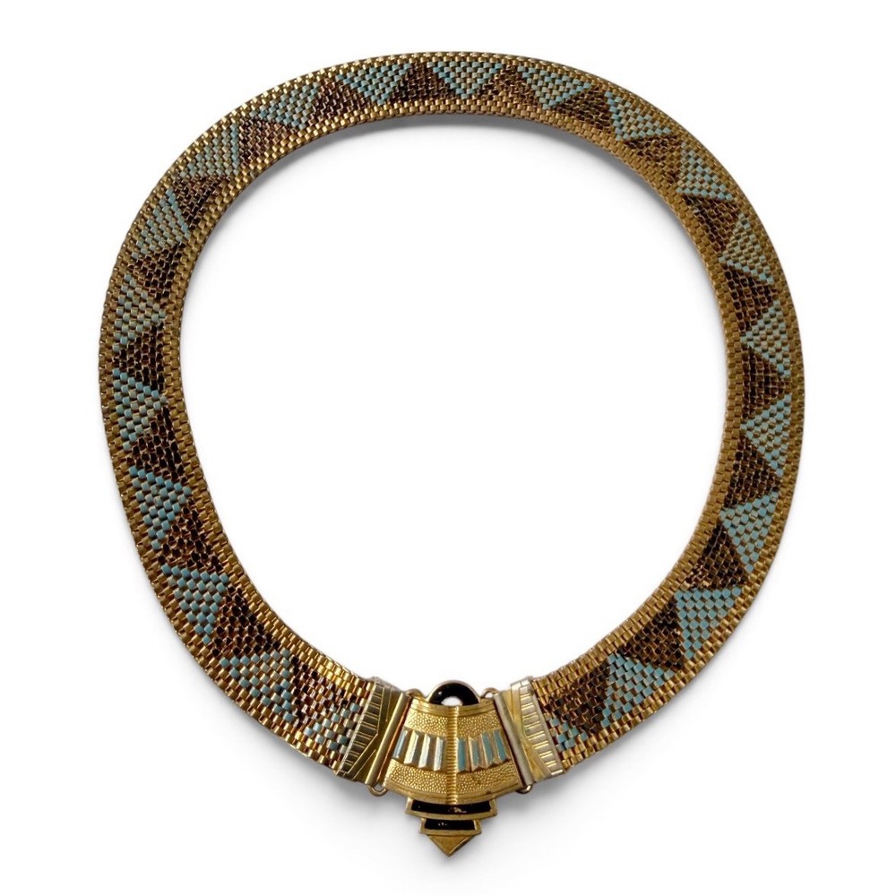 Antique Art Deco Egyptian Revival Enamel Geometric Mesh Collar Necklace 16”