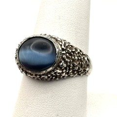Vintage Sterling Brutalist Textured Black Cats Eye Ring 9.5