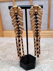 Gold Tone Dangle Drop Pierced Earrings Dramatic Black Crystals 4″L