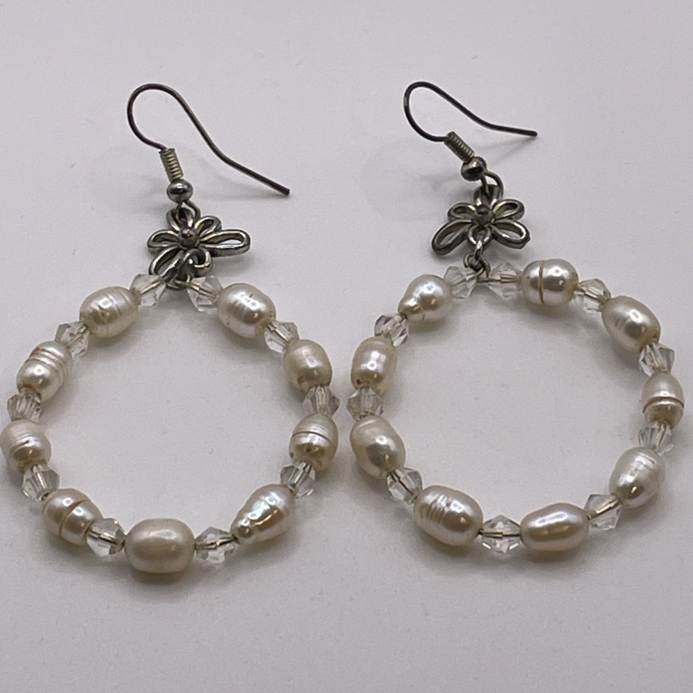 Earrings Vintage Glass Beaded Faux Pearl Hoop Silver Tone Metal Dangle Jewelry