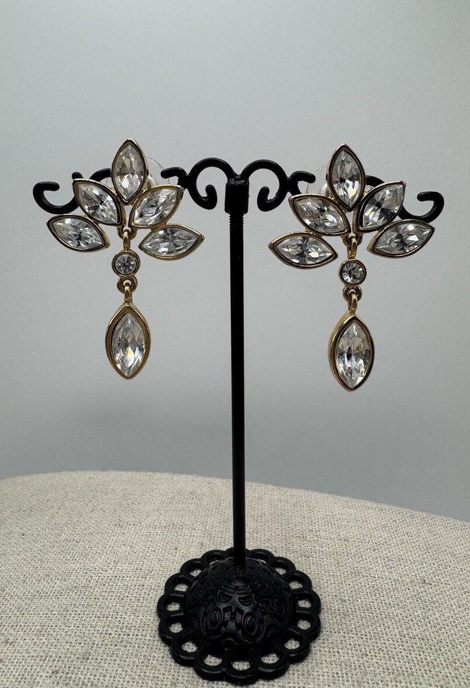 Vintage Monet Gold Tone Crystal Rhinestone Drop Dangle Pierced Earrings Nice!