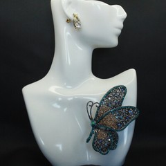 Vintage Large Size Blue Butterfly Zircon Alloy Corsage Brooch Collar Pin