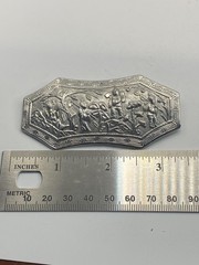 Vintage Silver Tone Scenic Brooch Pin Asian Figures Garden Floral Landscape 3 In
