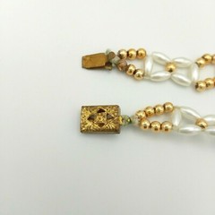 Vintage Gold and White Beaded Geometric Rectangle Filigree Box Clasp Necklace