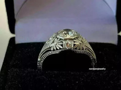 Vintage Art Deco Round Lab Created Diamond Engagement 925 Sterling Silver Ring
