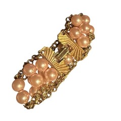 Vintage Gold Tone Pink Faux Pearl Double Row Chain Link Bracelet Fold Over Clasp