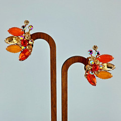 Vintage Rhinestone Clip On Earrings Orange Yellow Frosted Lucite Flower Climbers