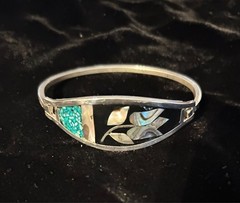 Vintage Hippie 70s Alpaca Mexico Silver Hinged Bracelet Abalone Turquoise Enamel
