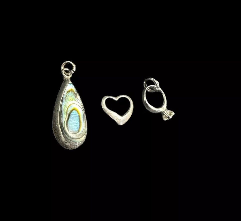 Three Sterling Silver Charms Engagement Ring, Open Heart, Abalone Teardrop