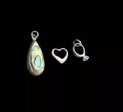 Three Sterling Silver Charms Engagement Ring, Open Heart, Abalone Teardrop