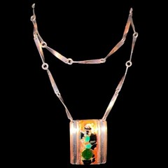Vintage Copper Enamel Pendant Necklace Atomic Modern Renoir Style 1950s
