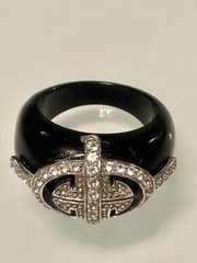 VINTAGE SOLID BLACK ONYX BAND W 925 SS ART DECO CZ DESIGN RING SZ 7