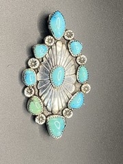 Early 1900’s Navajo Signed Silver Oval Turquoise Cluster Brooch Pin, 2.25 “