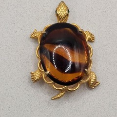 Vintage DeNicola Green Eyed Turtle Brooch Glass Shell