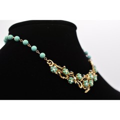 Vintage Floral Aqua Turquoise Beaded Collar Choker Necklace Gold Tone 60s Bin3D