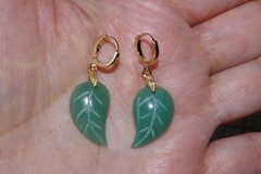 Vintage Genuine 14K GF Green Jadeite Jade Carved Leaf Hoop Earrings