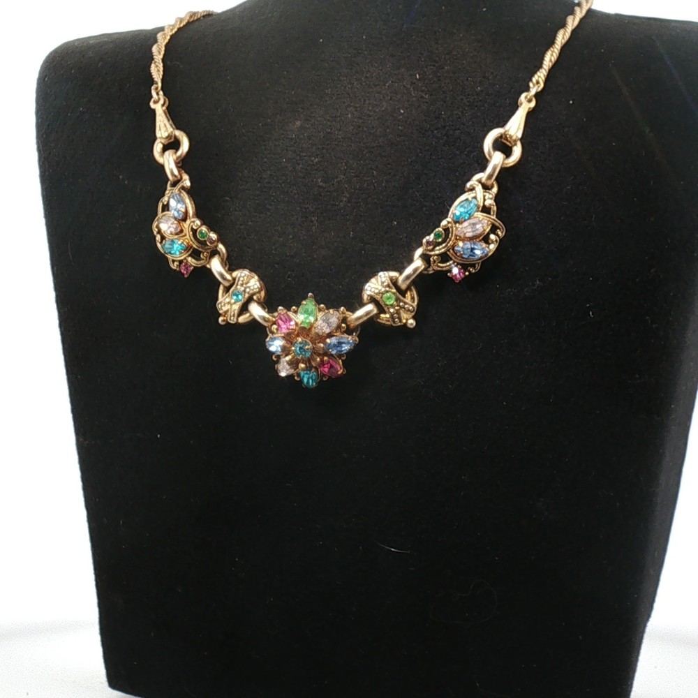 Vintage Barclay Signed Rhinestone Floral Bib Necklace Multicolor Statement