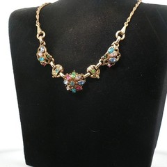 Vintage Barclay Signed Rhinestone Floral Bib Necklace Multicolor Statement