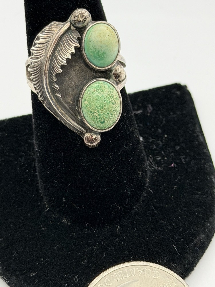 Vintage MCM Old Pawn Southwest Greenish Turquoise Stones Sterling Ring Size 8.5