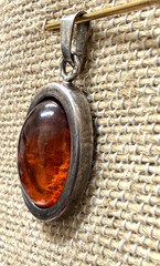 Vintage Sterling Silver 925 Baltic Amber Oval Pendant Cognac Honey Modernist