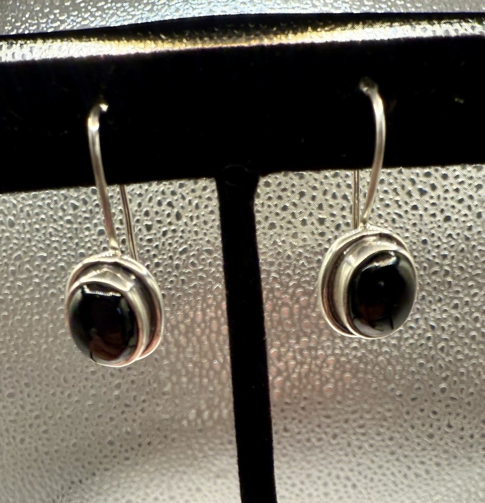 Vintage Black Onyx Sterling Silver Drop Earrings With French Wire Secure Closure