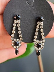 Vintage 1950s Jet Black Rhinestone Waterfall Dangle Earrings Hollywood Glam
