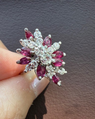 VINTAGE 14K WHITE GOLD RUBIES DIAMONDS CLUSTER SPRAY COCKTAIL RING STATEMENT