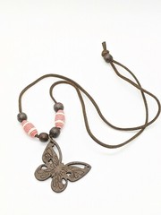 Brown Carved Wood Butterfly Leather Cord Red White Bead Necklace