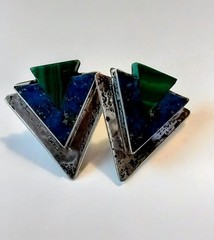 Vintage Sterling Silver Taxaco Mexico Brutalist Malachite Lapis Lazuli Earrings