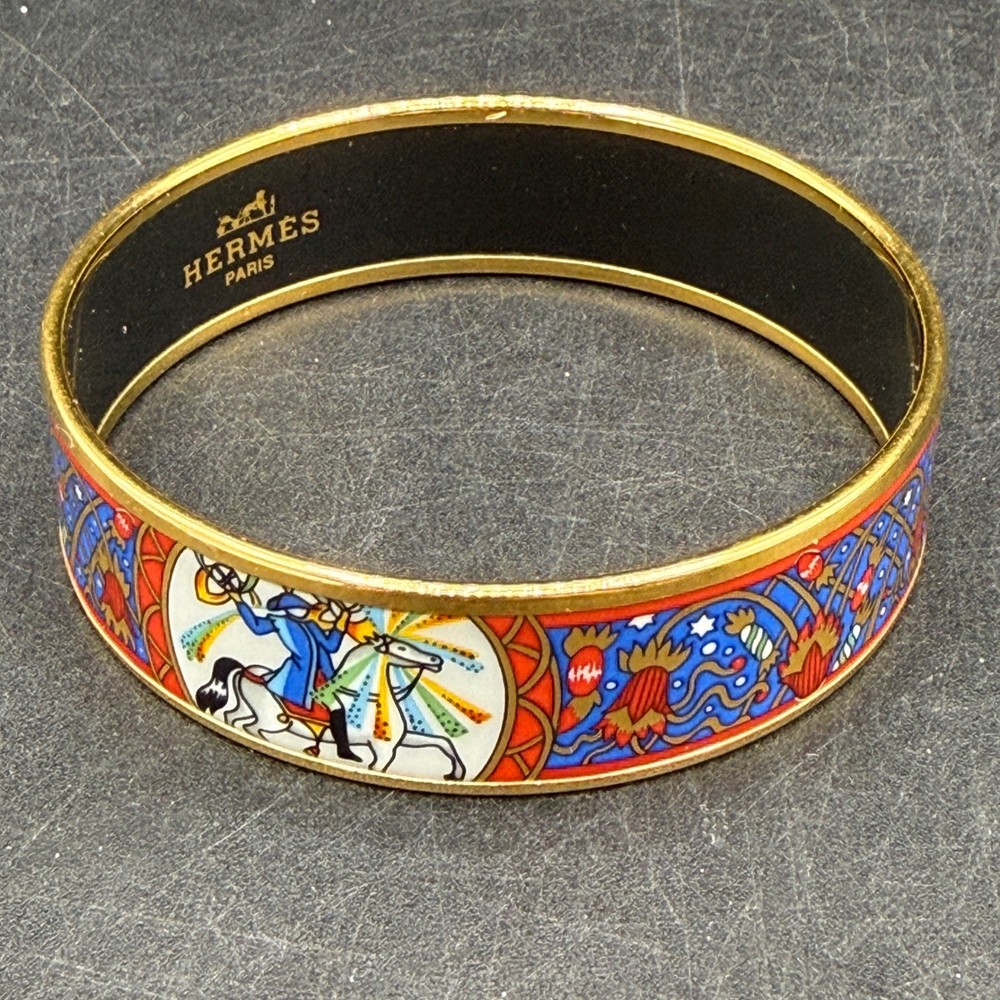 Vintage Hermes Enamel Bangle Bracelet Women GM Gold Multi Circus Horse Vintage
