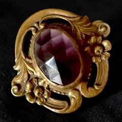 Antique Edwardian Brooch Purple Glass Art Nouveau Gilded Brass Pin