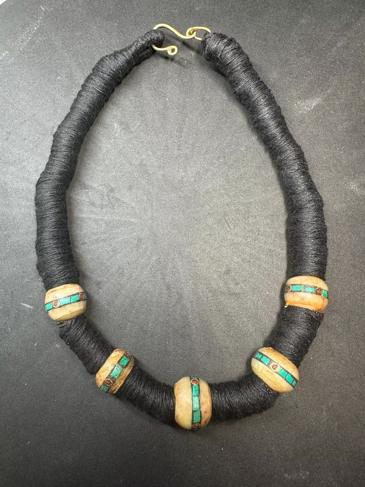 Vintage Nepal Yak Bone Bead Necklace with Turquoise Coral Inlay, Handmade Triba