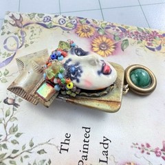 Vintage 1980s THE PAINTED LADY One of Kind Artisan Designer Brooch On Org Card