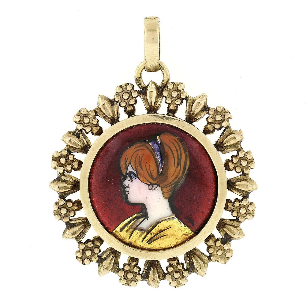 Antique Victorian 19k Gold Hand Painted Portrait Etched Floral Frame Pendant