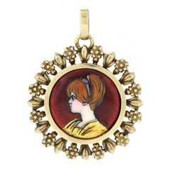 Antique Victorian 19k Gold Hand Painted Portrait Etched Floral Frame Pendant