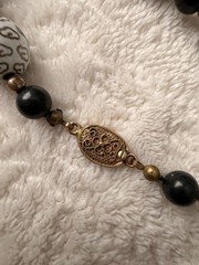 Vintage Chinese Export Cloisonné Beaded Necklace Black Green Floral Enamel 32”