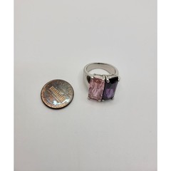 Pink & Purple Crystal Ring Prong Set Stones Modernist Geometric Silvertone