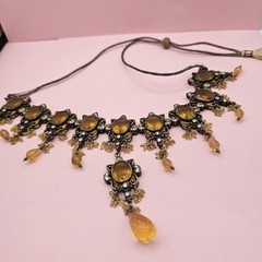 Vintage Bohemian Style Amber Glass Necklace Bib Chandelier Rhinestone Accents