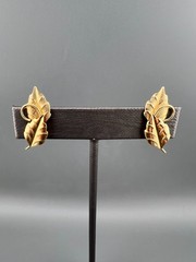 Vintage 14k GF Leaf Climber Earrings Screw Back Designer Signed Brushed Textured
